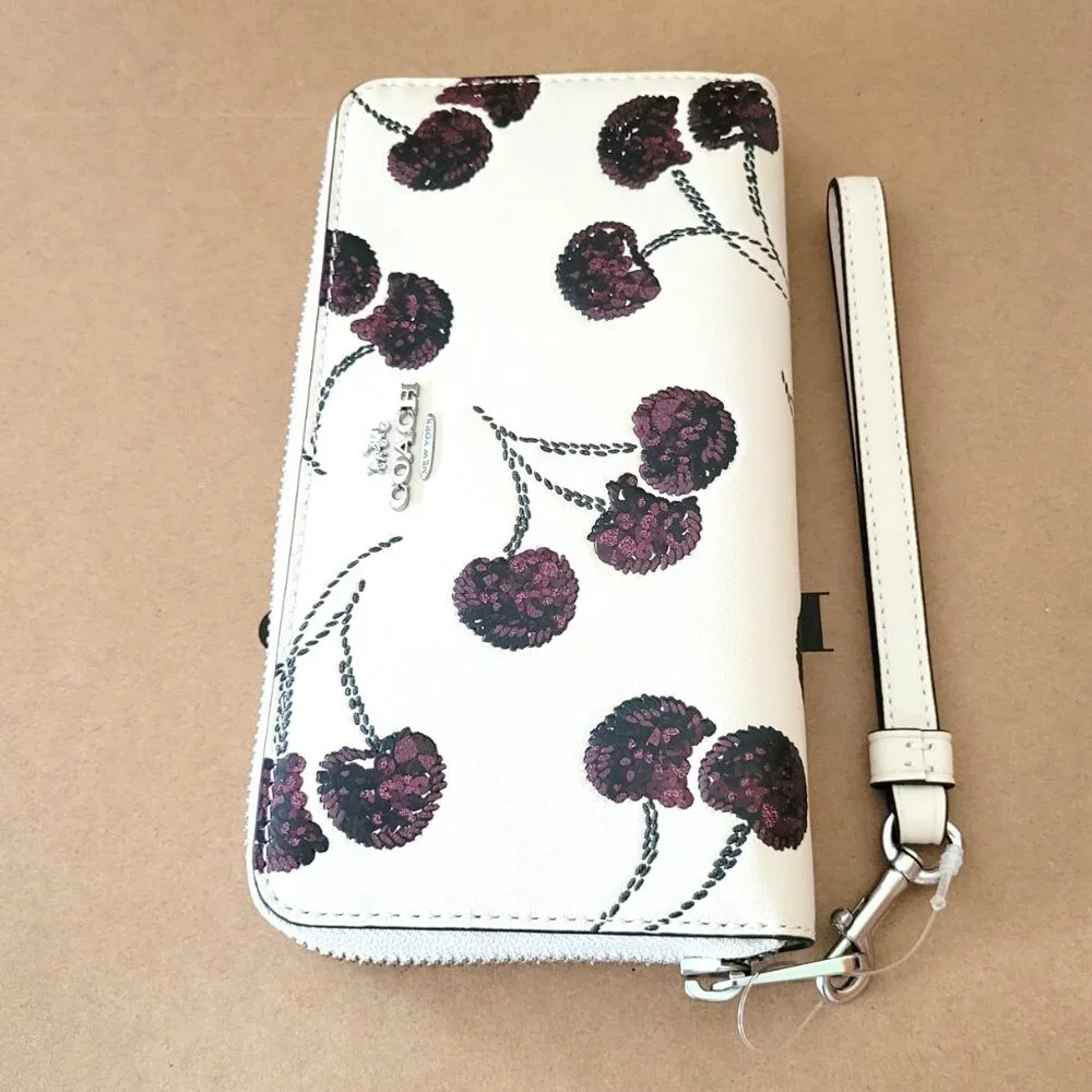 Coach CDE92 Long Zip Around Wallet Cherry Embossed Print Leather Chalk Multi - Picture 5 of 7